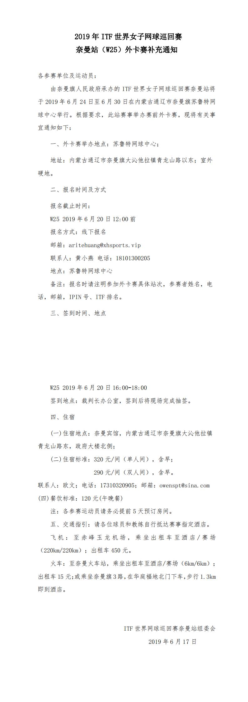 2019��ITF����Ů������Ѳ��������վ��W25���⿨������֪ͨ
